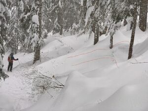 A remotely triggered small storm slab in a gully adjacent the skin track. Shooting crack (~30’) and slide are outlined in red. WSW, 3400’.